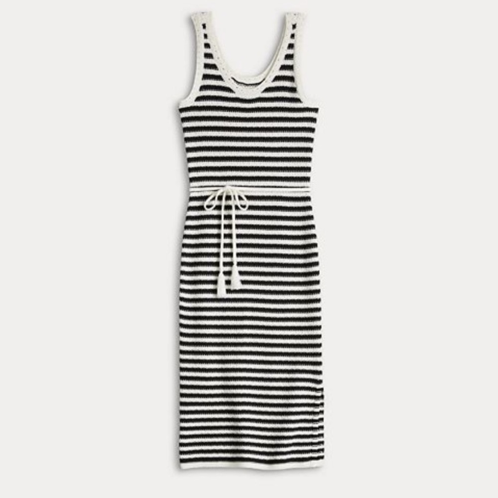 - Nine West Crochet Maxi Dress, Black & White Stripe Sleeveless Sweater Dress, S